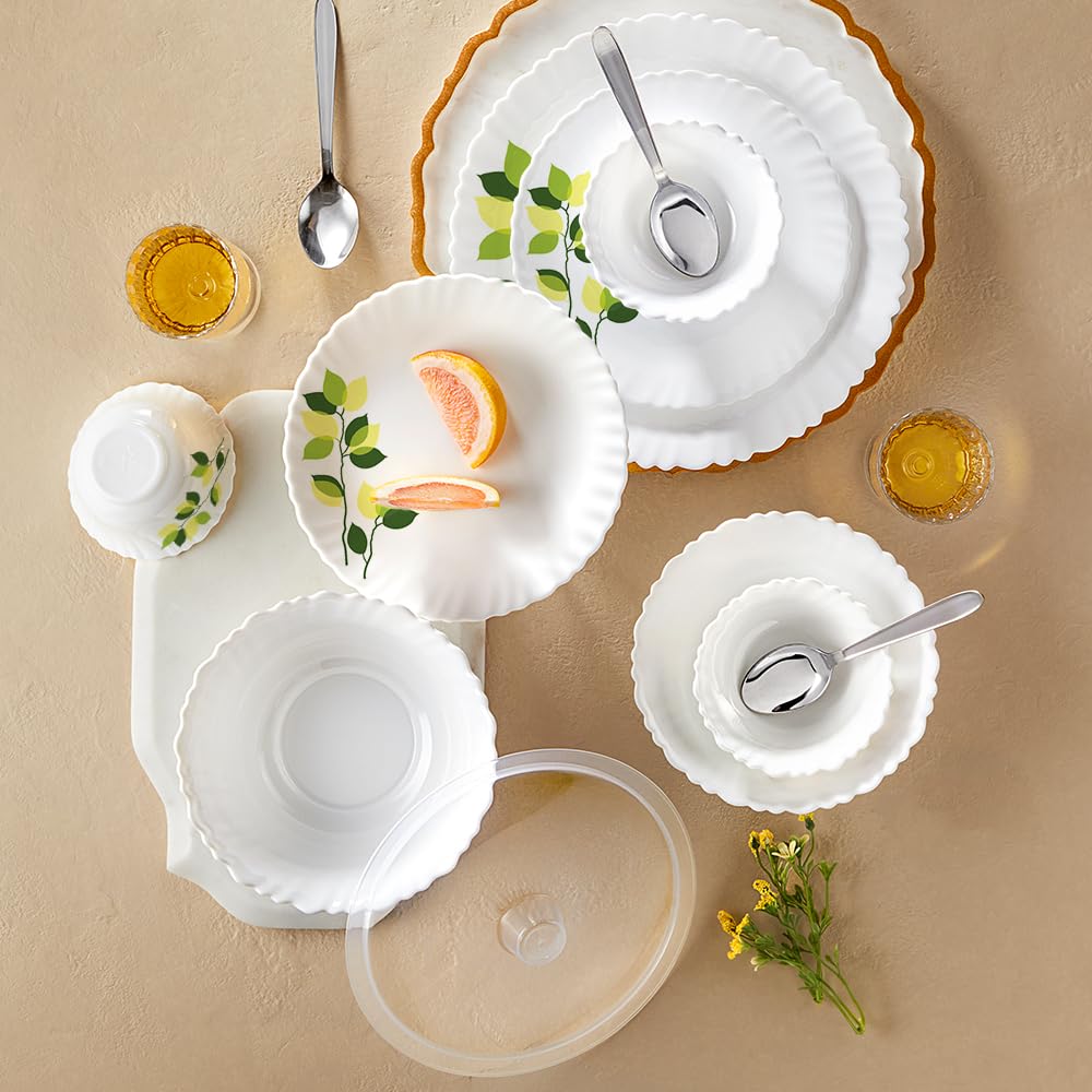 Larah by Borosil Silk Series Green Leaves Opalware Dinner Set with
